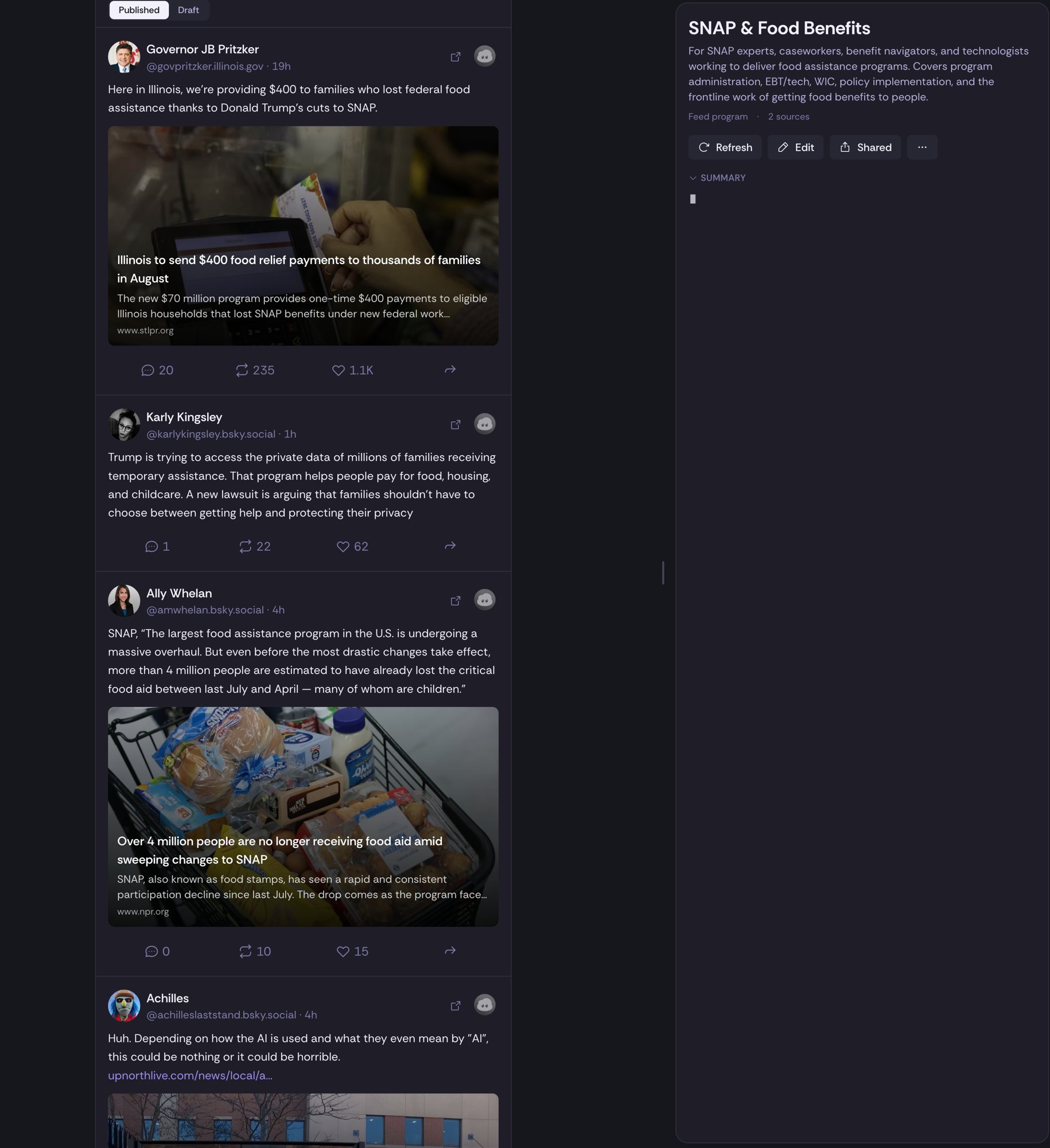 The Attie interface showing a SNAP and Food Benefits feed, with a description, a Published/Draft toggle, a Refresh and Edit button, and a preview column of posts from Governor JB Pritzker, Karly Kingsley, and Ally Whelan about food assistance