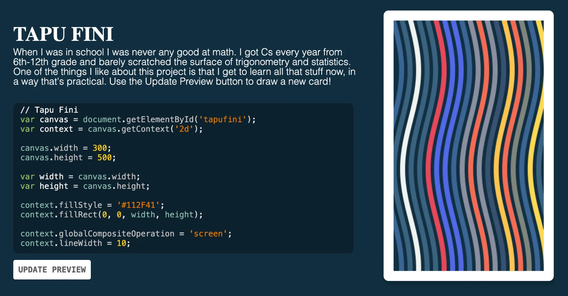 Screenshot of the Tapu Fini card that Luke Patton designed, and a code snippet